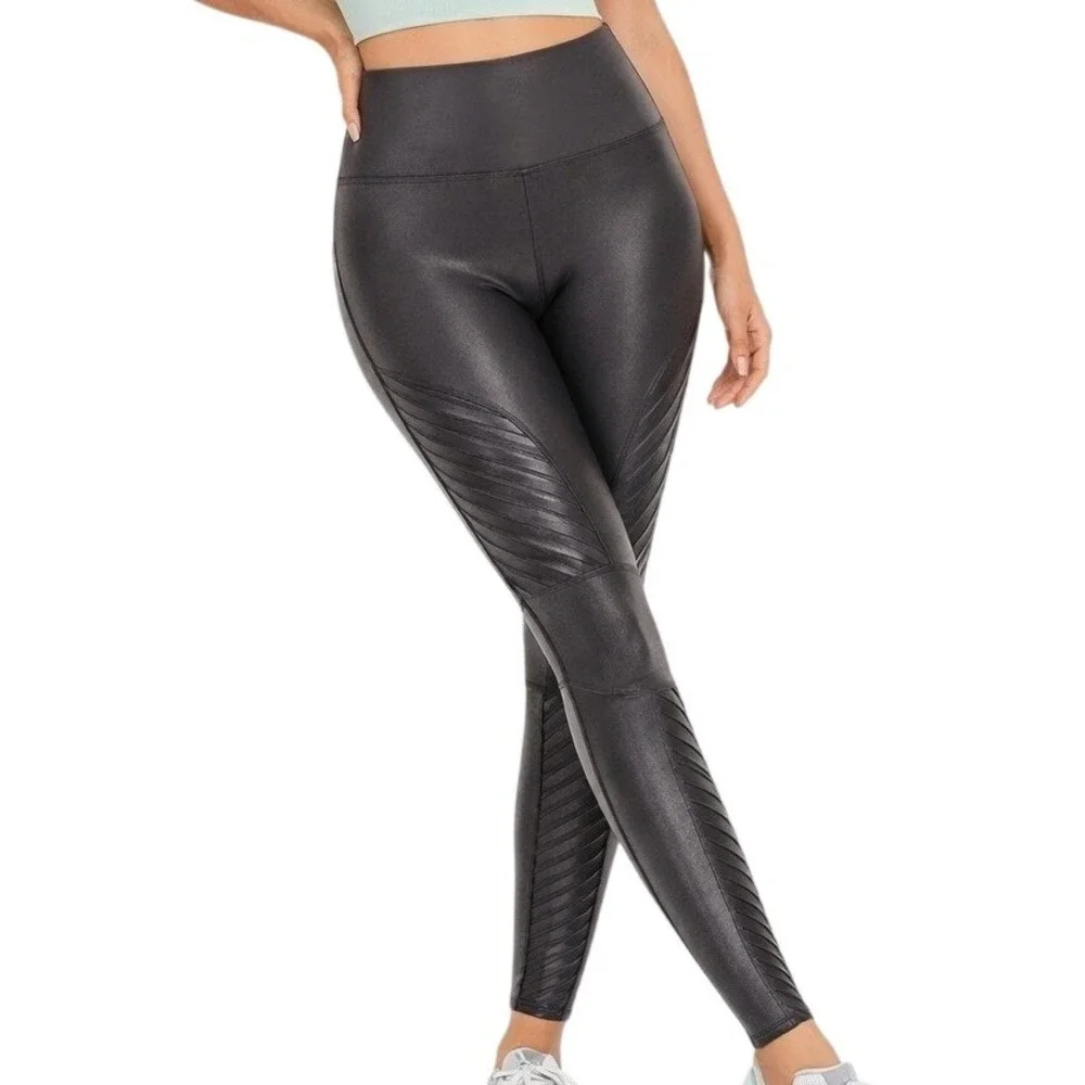 SPANX Leggings Moto Black Faux‎ Leather Look XS Petite New with Tags